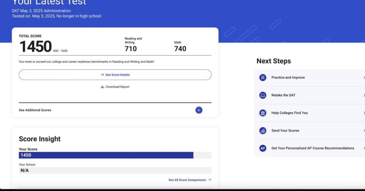 Скриншот результата SAT студента